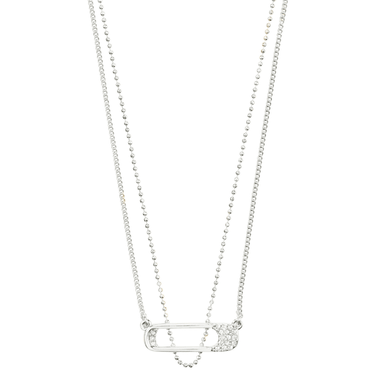 Silver necklace with a clear pendant on a white background