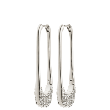 Silver hoop earrings with small stones on a white background