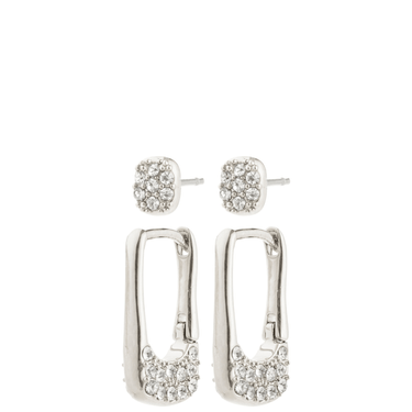 Set of silver earrings with clear stones on a white background