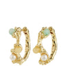 Gold hoop earrings with green and pearl accents on a white background