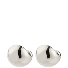Pair of silver round earrings on a white background