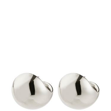 Pair of silver round earrings on a white background