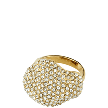 Gold ring with crystal embellishments on a white background