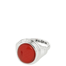 Silver ring with a red stone on a white background, branded 'PILGRIM'.