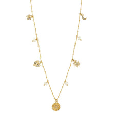 Gold necklace with various charms on a white background