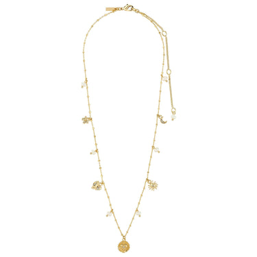 Gold necklace with various charms on a white background