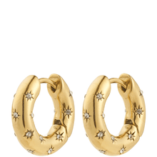 Gold hoop earrings with star designs on a white background
