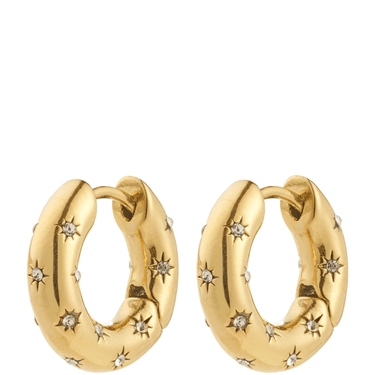 Gold hoop earrings with star designs on a white background