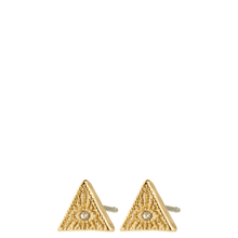 Gold triangle-shaped earrings on a white background
