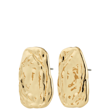 Gold earrings with a textured design on a white background