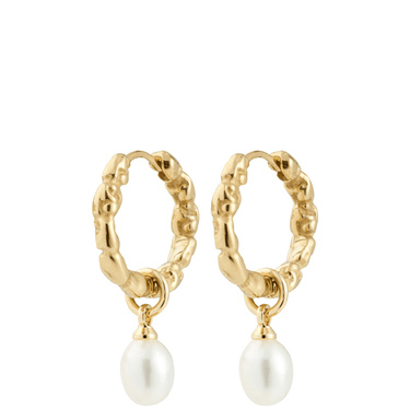 Gold hoop earrings with pearl drops on a white background