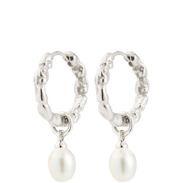 Silver hoop earrings with pearl drops on a white background