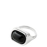 A polished silver signet ring with a smooth, rounded black cabochon stone, shown on a plain white background.