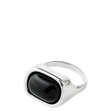 A polished silver signet ring with a smooth, rounded black cabochon stone, shown on a plain white background.
