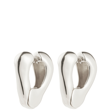 Pair of silver hoop earrings on a white background