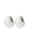 A pair of polished silver huggie hoop earrings with a teardrop-shaped, rounded organic design, shown against a plain white background.