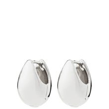 A pair of polished silver huggie hoop earrings with a teardrop-shaped, rounded organic design, shown against a plain white background.