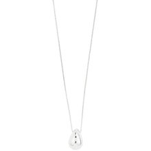 A silver teardrop pendant necklace on a delicate silver chain, shown against a plain white background.