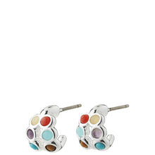 A pair of silver crescent-shaped stud earrings decorated with multiple small, colorful oval inlays in red, orange, yellow, purple, blue, and brown, shown against a plain white background.