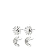 A set of four silver-toned stud earrings, including two sunburst flower designs and two crescent moon designs, displayed on a solid white background.
