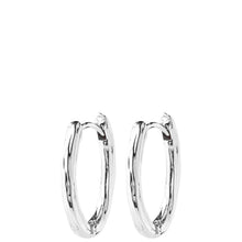 A pair of polished silver hoop earrings with a textured, hammered finish, shown against a solid white background.