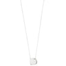 A delicate silver chain necklace with a polished, irregularly shaped disc pendant, shown against a solid white background.