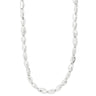 A polished silver necklace with irregular, elongated oval links, displayed against a solid white background.