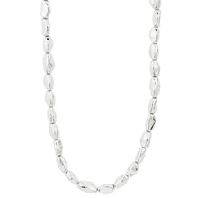 A polished silver necklace with irregular, elongated oval links, displayed against a solid white background.