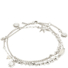 Silver bracelet with various charms on a white background