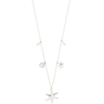 Silver necklace with star-shaped pendants on a white background