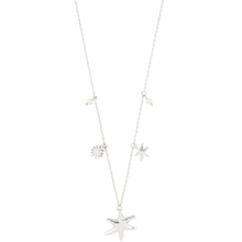 Silver necklace with star-shaped pendants on a white background