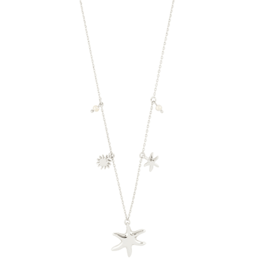 Silver necklace with star-shaped pendants on a white background