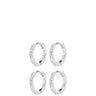Four silver huggie hoop earrings, each adorned with a row of clear pavé-set cubic zirconia stones, arranged in a 2x2 grid on a solid white background. The brand name 'PILATES' is engraved on the inside of the hoops.