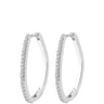 A pair of silver-tone hoop earrings embellished with small clear pavé stones along the front edge, shown against a plain white background.