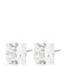 A pair of rectangular clear gemstone stud earrings with silver-toned posts, shown against a plain white background.