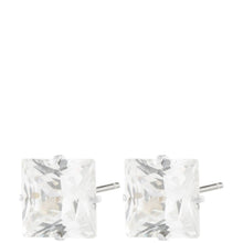 A pair of rectangular clear gemstone stud earrings with silver-toned posts, shown against a plain white background.