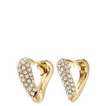 Gold hoop earrings with clear gemstones on a white background