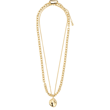 Gold chain necklace with a pendant on a white background