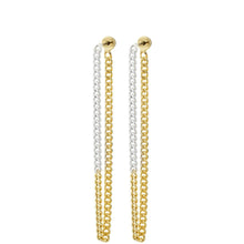 A pair of gold and silver drop chain earrings with round gold studs, shown against a plain white background.