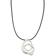 Silver pendant on a black cord against a white background