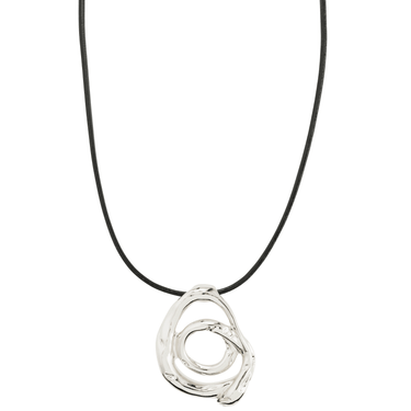 Silver pendant on a black cord against a white background