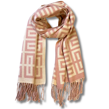 Patterned scarf with fringes on a white background