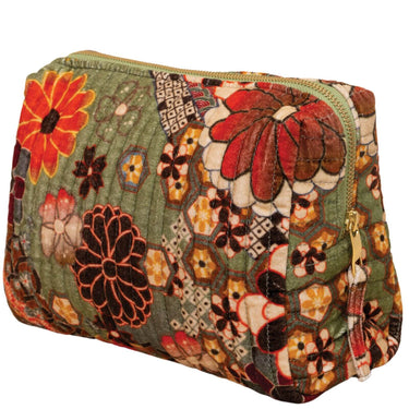Powder 70s Kaleidoscope Floral Quilted Printed Velvet Wash Bag - Green