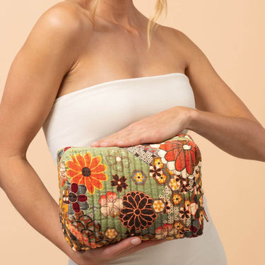 Powder 70s Kaleidoscope Floral Quilted Printed Velvet Wash Bag - Green