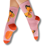 Pink socks with butterfly design on a white background