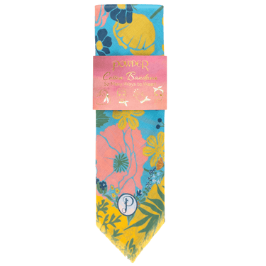 Floral patterned bandana with a brand label on a white background