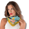 Woman wearing a colorful floral scarf on a white background