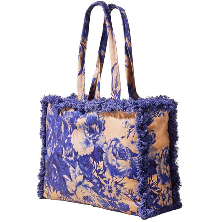 Powder China Blue Blooms Fringed Tote Bag