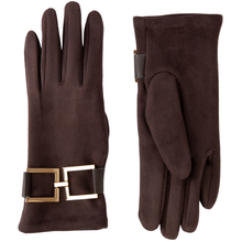 Pair of brown gloves with a gold buckle on a white background