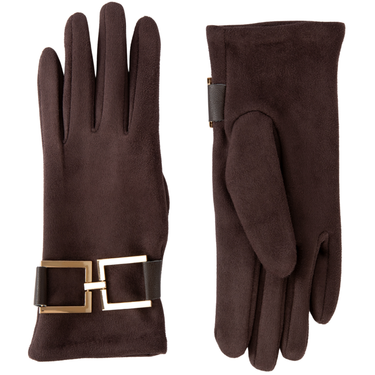 Pair of brown gloves with a gold buckle on a white background